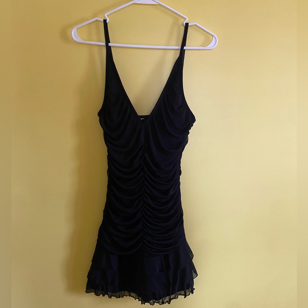 Vtg Y2K Moda International Mini Cocktail Dress S Black Ruched Ruffle Fairy Core